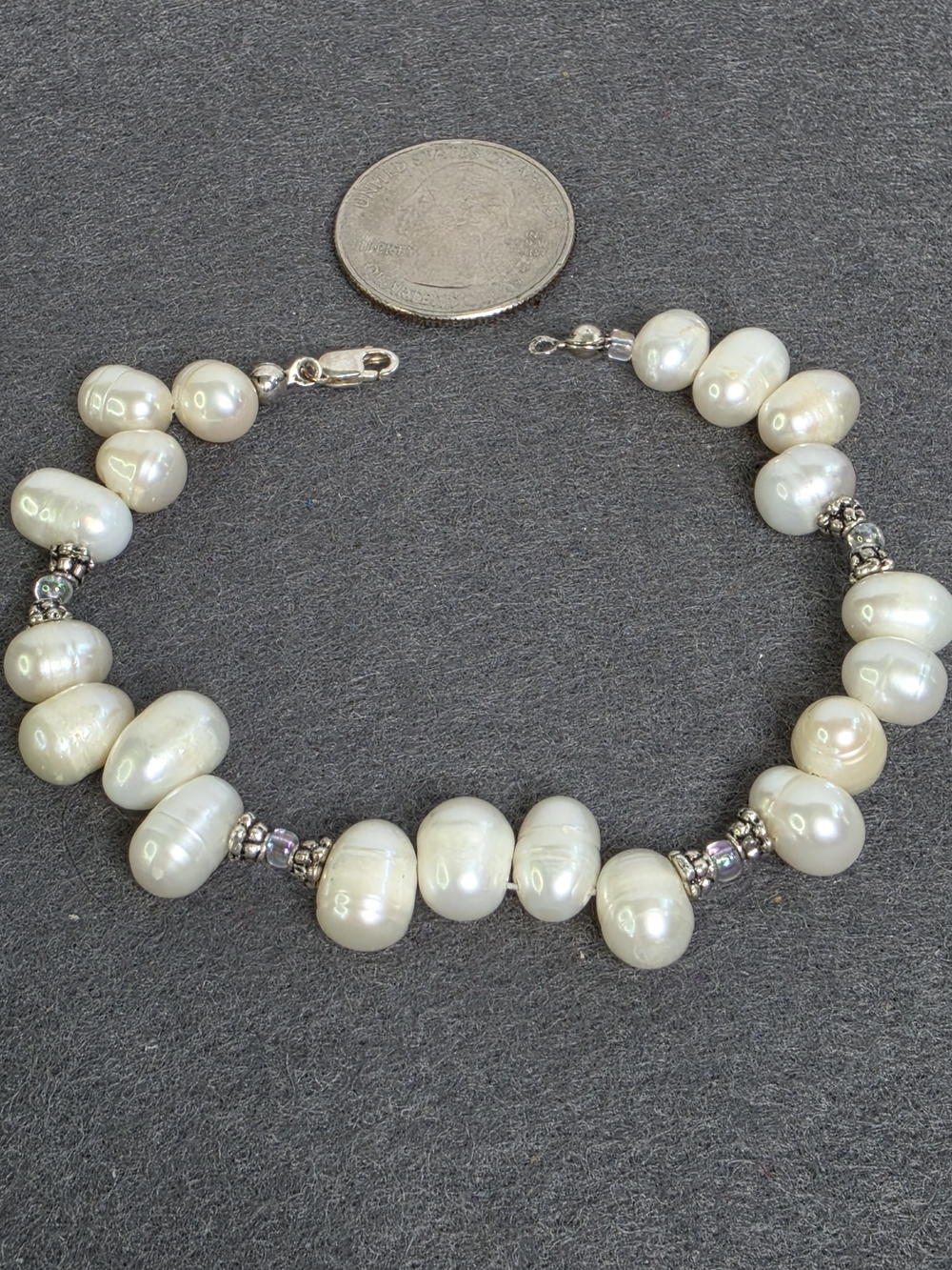 Sterling Silver Bead Pearl Bracelet with  Freshwater White Potato Pearls - Picture 3 of 3